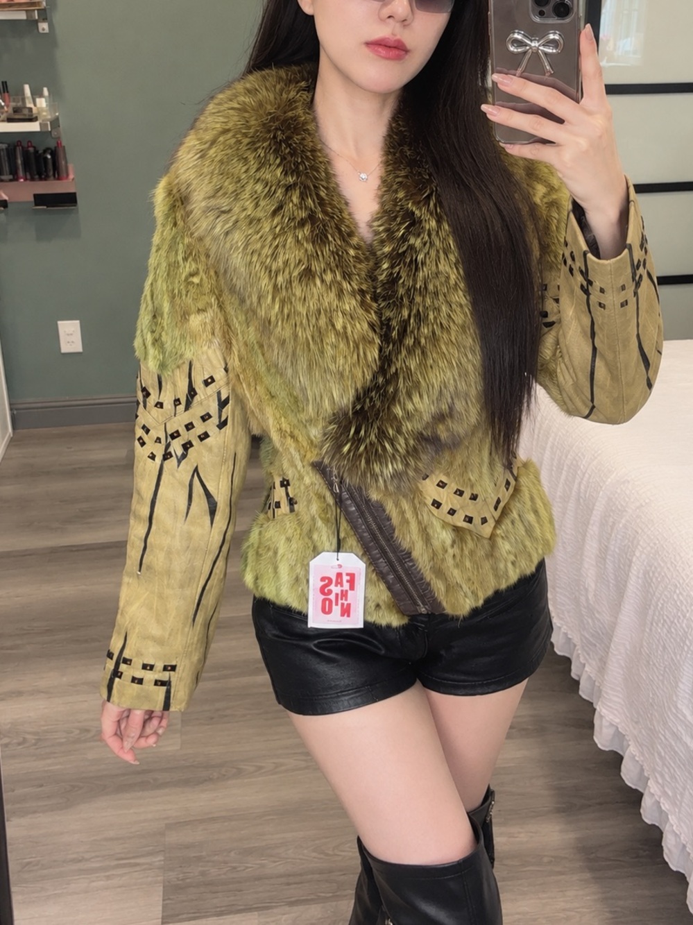 Vintage Oversized Fox Fur Collar Patchwork Mink Leather Moto Jacket S